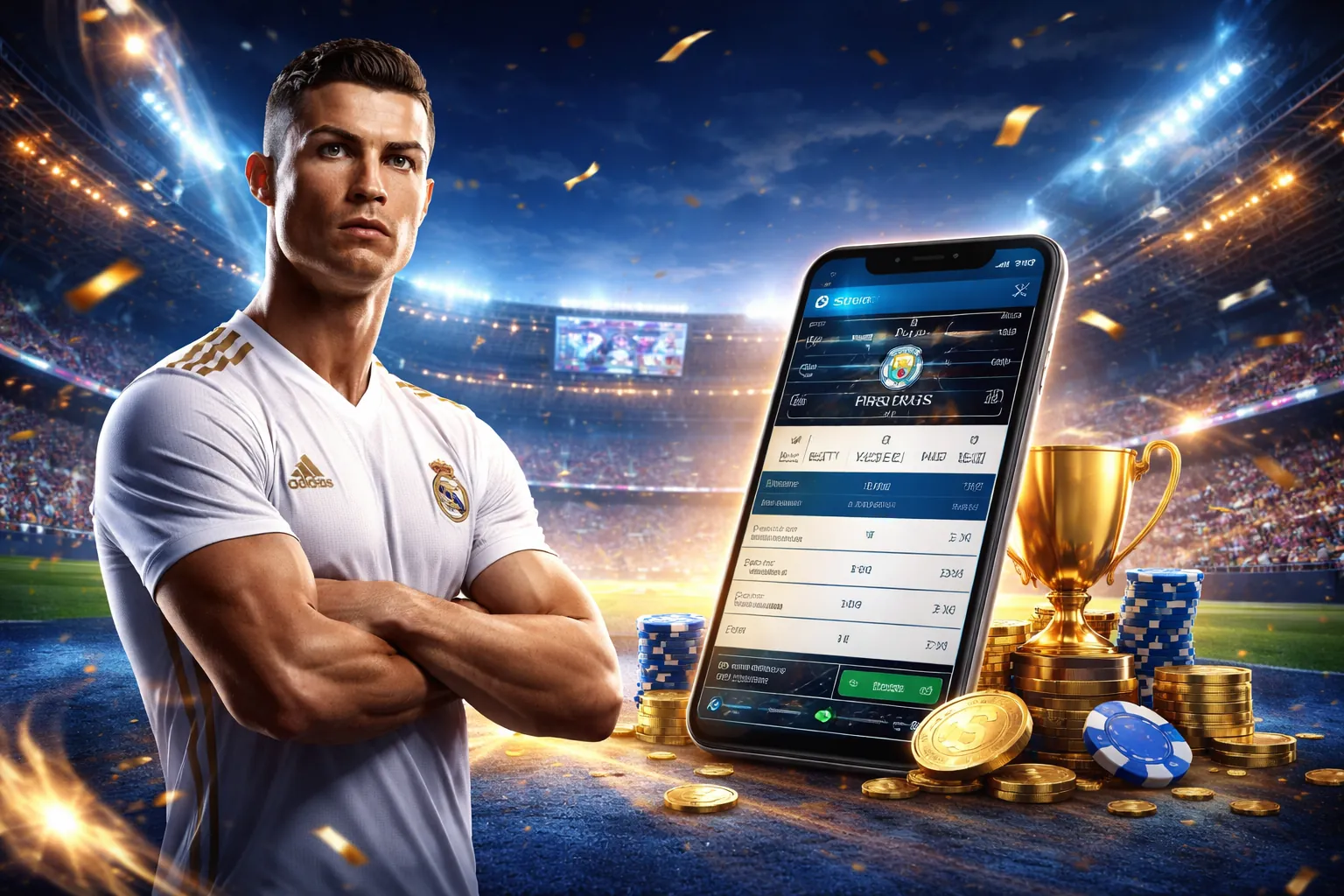 Sân vận động với ánh đèn rực rỡ, tượng trưng cho cá cược thể thao 8XBET iOS